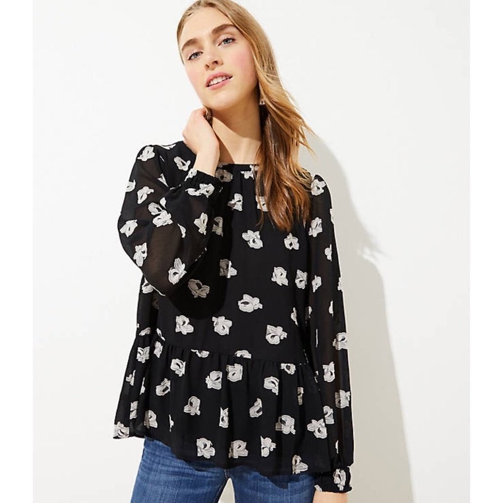 LOFT Black Floral Tie Back Peplum Blouse Top